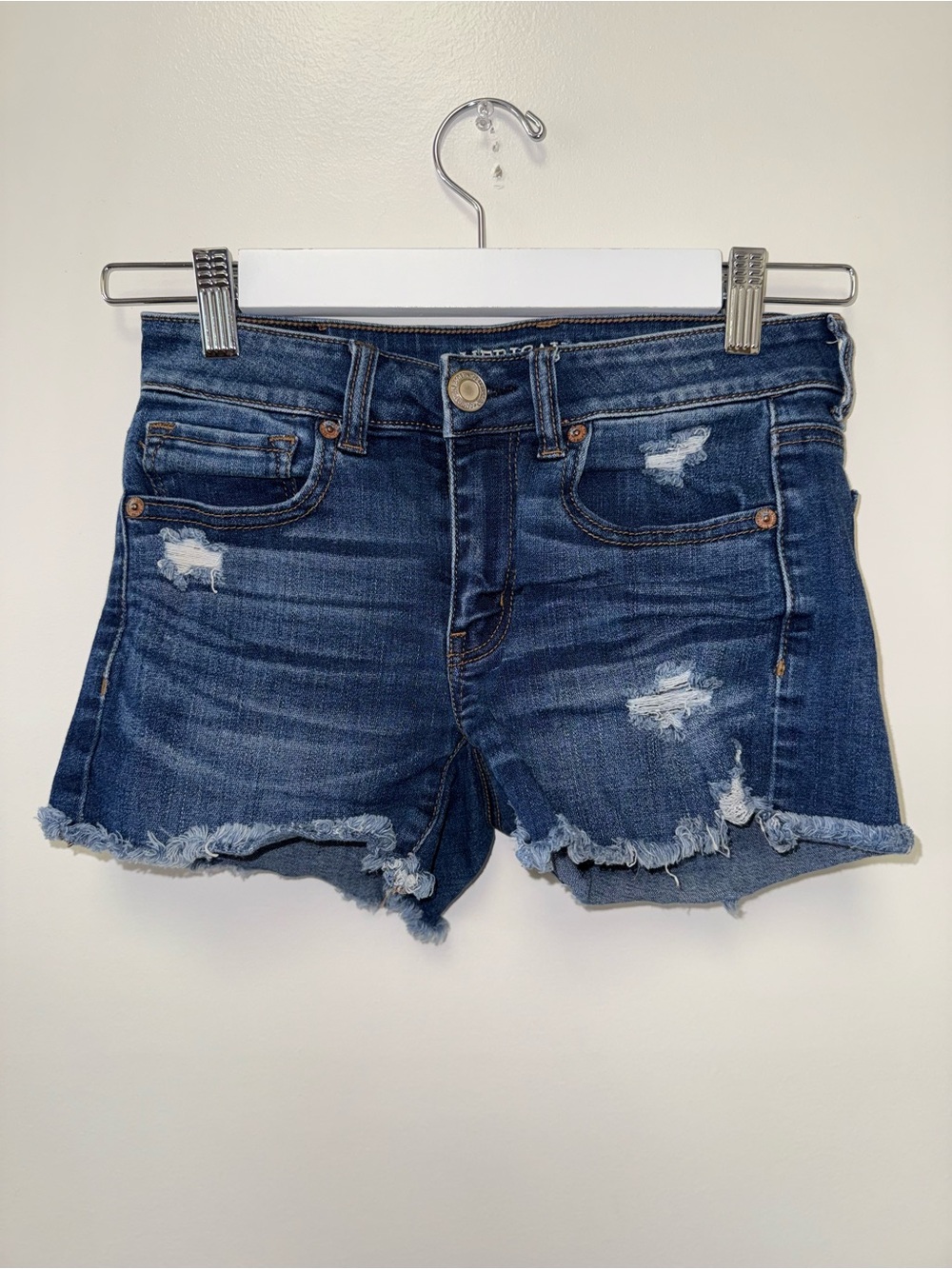American Eagle (2) Distressed Denim Midi Jean Shorts with Next Level Stretch X